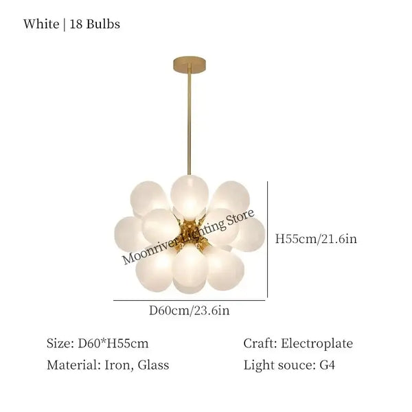 Glorious Tinted Glass Bubble Chandelier with 18 bulbs in white, featuring iron and glass materials.