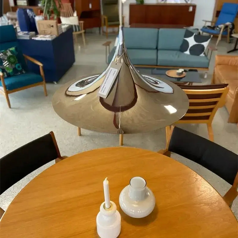 Scandi 70s Danish Pendant Lamp – Minimalist Metal LED Chandelier for Dining & Living Spaces hanging above a wooden table.