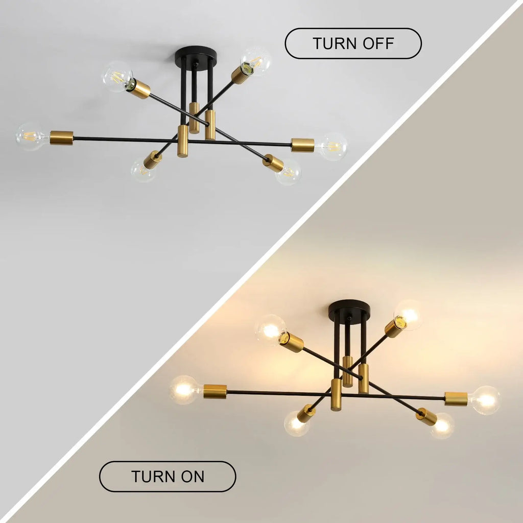 Plafonnier Spoutnik à 6 lumières – Style moderne du milieu du siècle noir et doré