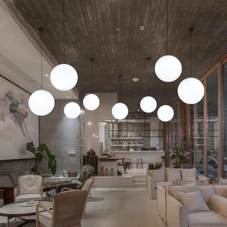 White Glass Globe Pendant Light with Brass or Black Detail