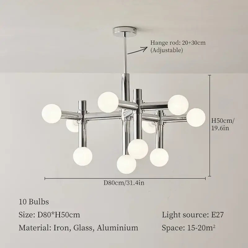 Bauhaus Chrome Chandelier – Modern 10/13 Globe Pendant Light showcasing polished chrome and glass design.
