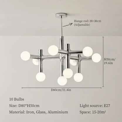 Bauhaus Chrome Chandelier – Modern 10/13 Globe Pendant Light showcasing polished chrome and glass design.