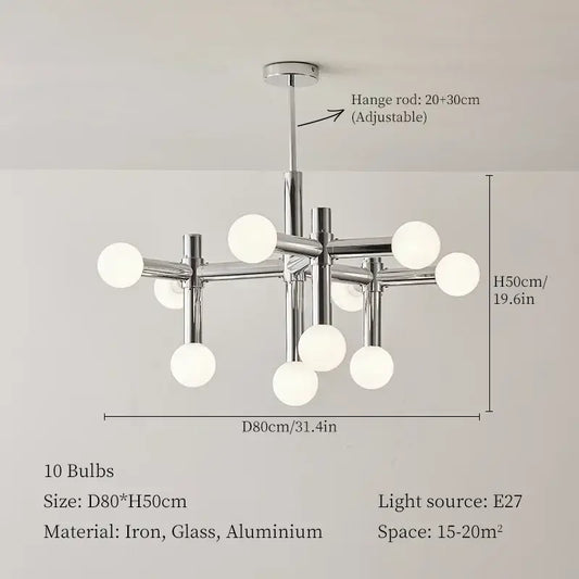 Bauhaus Chrome Chandelier with 10 bulbs, featuring adjustable height and modern design in chrome and glass.