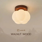 Modern Pumpkin Ceiling Light – Walnut Wood Flush Mount Fixture for Hallways, Bathrooms & Bedrooms