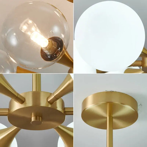 Modern Copper Glass Ball Chandelier showing frosted glass shades and brass accents for a Mid-Century Modern design.