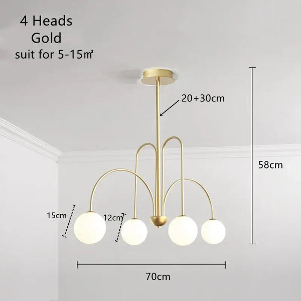 Modern Magic Beans 4-Head Gold LED Chandelier – Sophisticated Ceiling Light dimensions and features diagram