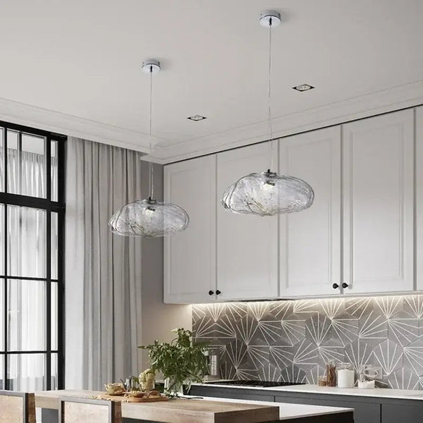 Nordic Cloud Glass Pendant Light – Smoky Grey Designer LED Chandelier in modern kitchen décor.