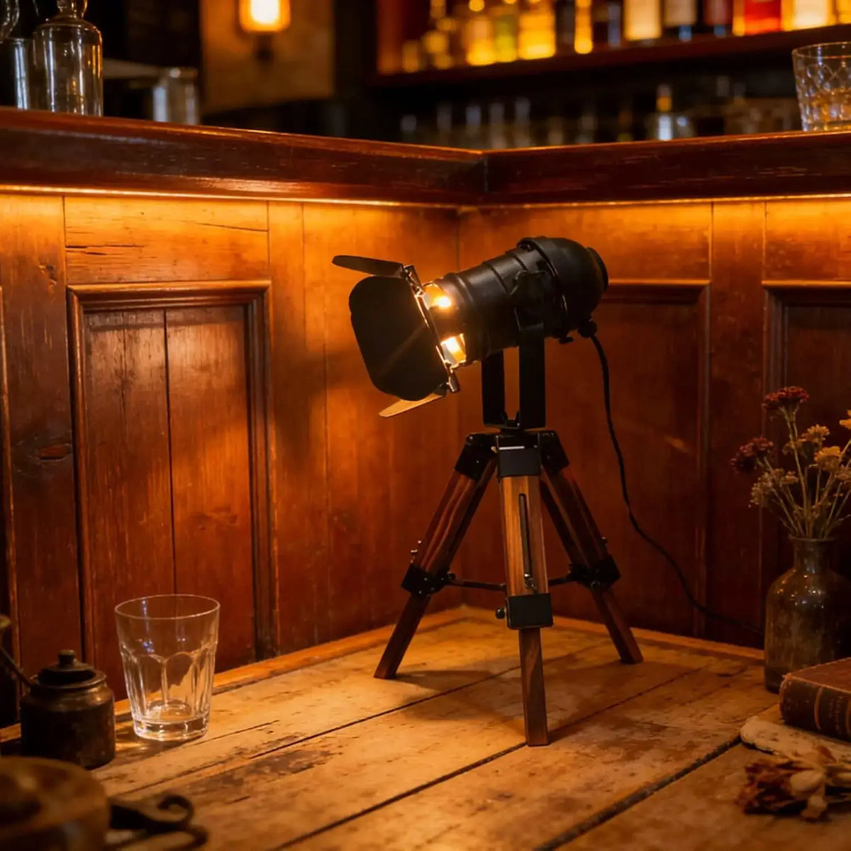 Industrial Tripod Table Lamp – Wooden Studio Spotlight, Adjustable