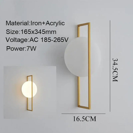 Modern Simple Art Deco Revival Wall Lamp showcasing measurements and materials including iron and acrylic.