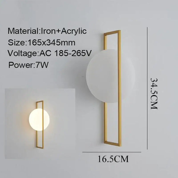 Modern Simple Art Deco Revival Wall Lamp showcasing measurements and materials including iron and acrylic.