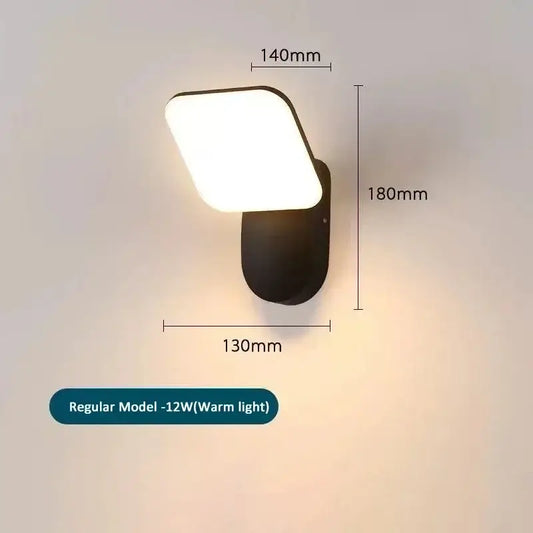 Dimensions of Modern Simple LED Outdoor Wall Lamp showing 140mm x 130mm x 180mm with warm light features.
