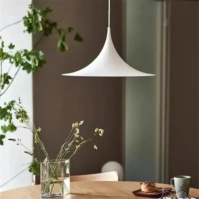 Scandi 70s Danish Pendant Lamp – Minimalist Metal LED Chandelier for Dining & Living Spaces in white finish.