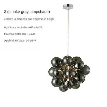 Nordic Smoke Glass Bubble Chandelier – Modern Grape Cluster Pendant Light, smoke gray lampshade with three bulbs.
