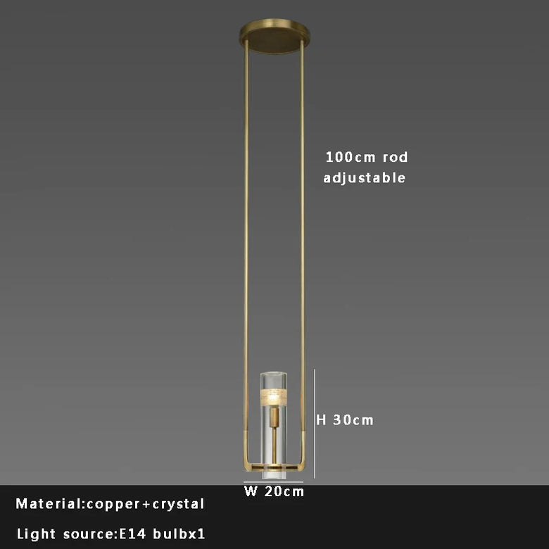 A modern brass pendant light fixture with a clear glass shade, shown with dimension labels indicating a 100cm adjustable rod, 30cm height, and 20cm width on a dark gray gradient background.