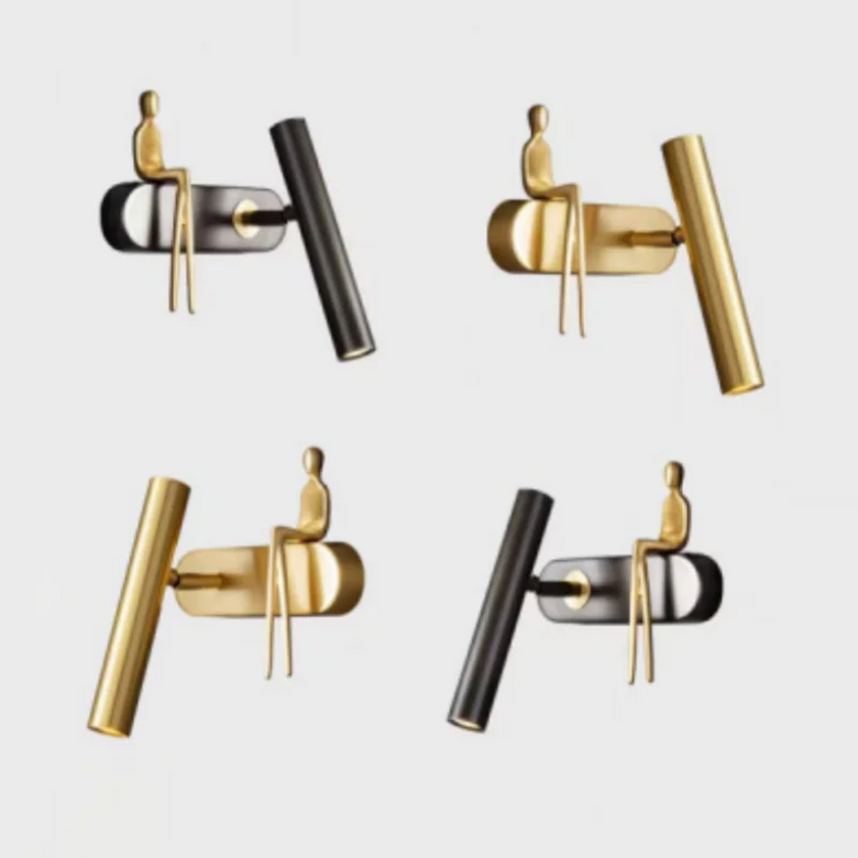 Minimalist Wall mounted Light with Seated human figure, Gold/Black