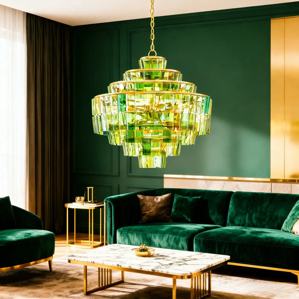 Green Glass Tiered Chandelier - Art Deco Style