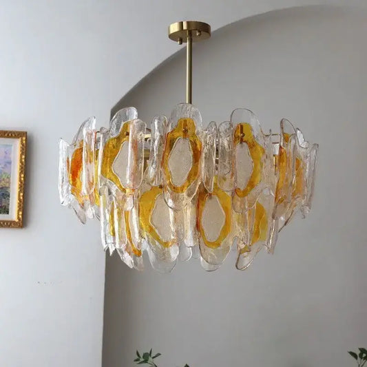 Vintage Amber Glass Chandelier – Russet Stained Glass Ceiling Light hanging elegantly in a modern living space.