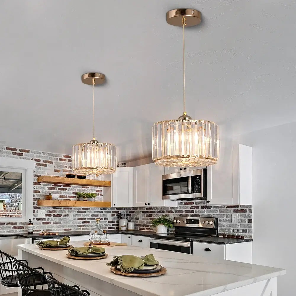 Modern Crystal Drum Pendant or Ceiling Light, Black or Gold Frame