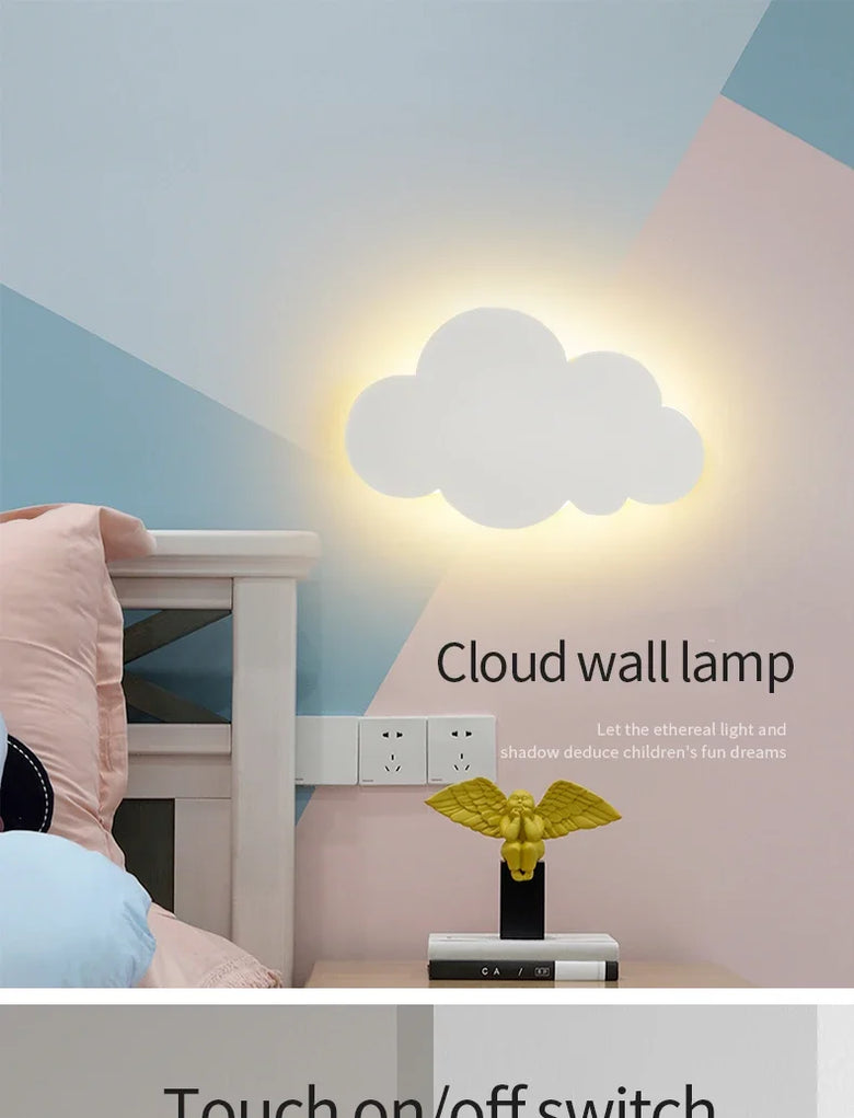 Cloud-shaped wall lamp in a room with a colorful wall and a nightstand.