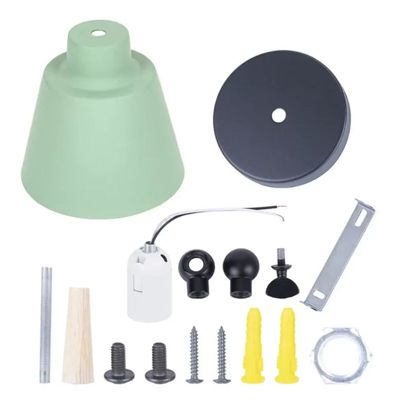 Nordic Solid Wood Bedroom Wall Lamp assembly components including green shade, black base, screws, and wiring.
