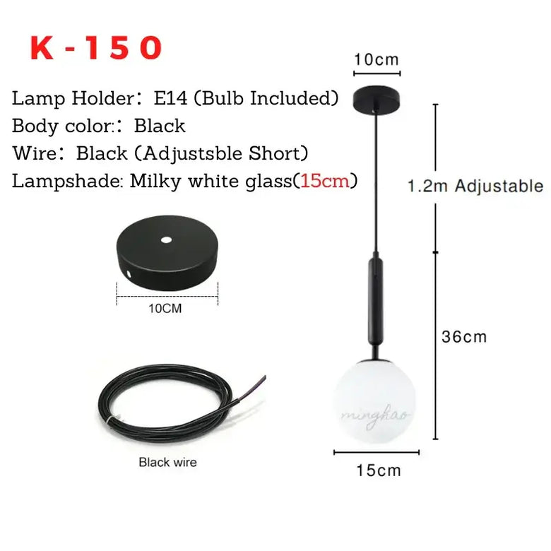 Mid-Century Modern Glass Ball Pendant Light specifications with black body, adjustable wire and milky white glass shade.