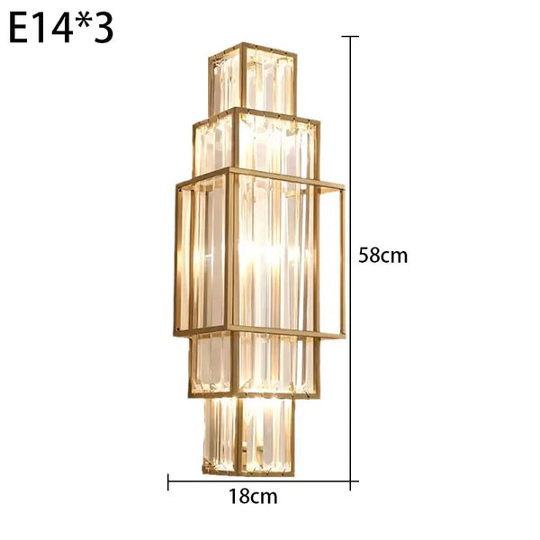 Modern Art Deco Crystal Wall Lamp – Luxurious Geometric Design with elegant gold frames and crystal-clear glass.