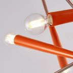 Close-up of 60s Red Sputnik Chandelier showing red-orange arms and exposed bulbs, highlighting mid-century modern design.