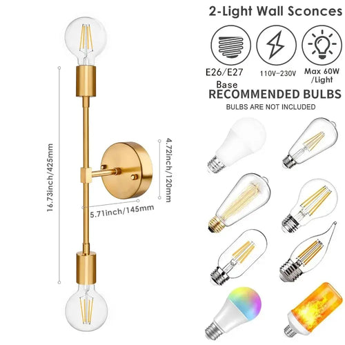 Double Wall Lights with brushed brass finish, modern 2-light wall sconces for home lighting.