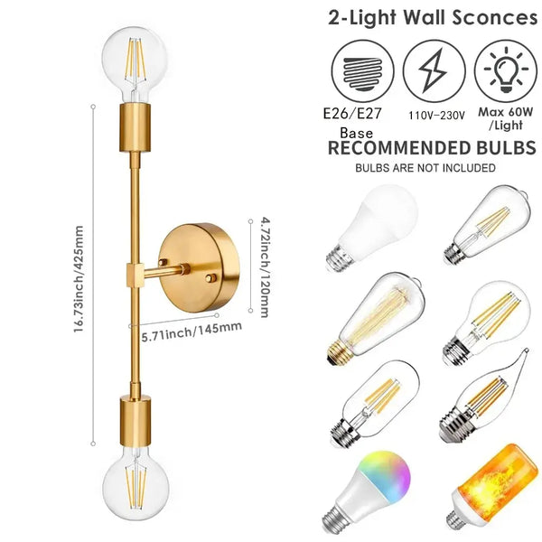 Double Wall Lights with brushed brass finish, modern 2-light wall sconces for home lighting.