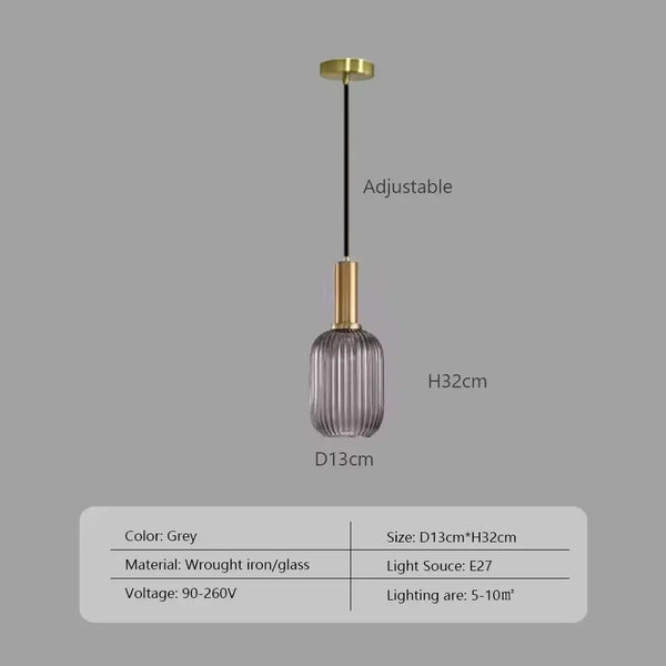 Pendant Light: Modern Nordic Glass Hanging Lighting Fixtures in grey with adjustable height, made of wrought iron and glass.