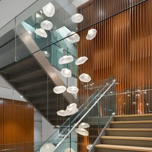 Nordic Cloud Glass Pendant Light – Smoky Grey Designer LED Chandelier in a modern staircase.
