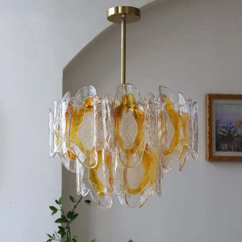 Vintage Amber Glass Chandelier – Russet Stained Glass Ceiling Light with sculptural panels, perfect for elegant ambient lighting.