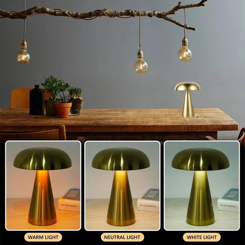 Touch Dimming Rechargeable USB Metallic Table Lamp showcasing various light settings on a stylish table.
