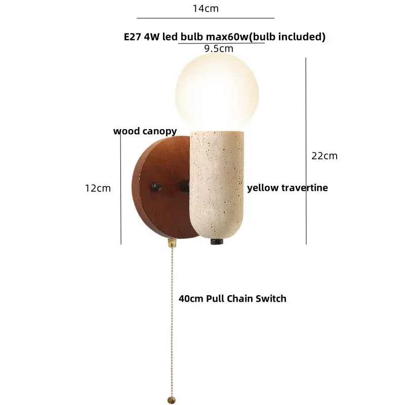 Travertine and Wood Wall Light – Nordic LED Lamp with Pull Chain