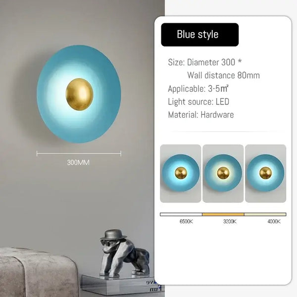 Colourful 30 cm Modern Circle Wall Light with Gold in blue style with gold accent and LED options