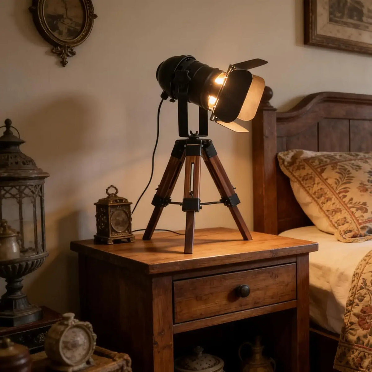 Industrial Tripod Table Lamp – Wooden Studio Spotlight, Adjustable