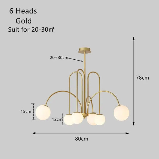 Modern Magic Beans 4-Head Gold LED Chandelier – Sophisticated Ceiling Light with 6 heads and frosted glass globes.