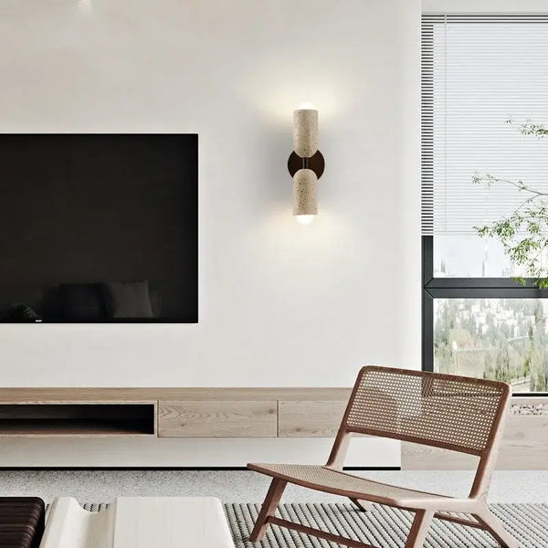Modern Travertine and Wood Wall Light with Pull Chain – Nordic Style LED Fixture illuminating a modern living room.
