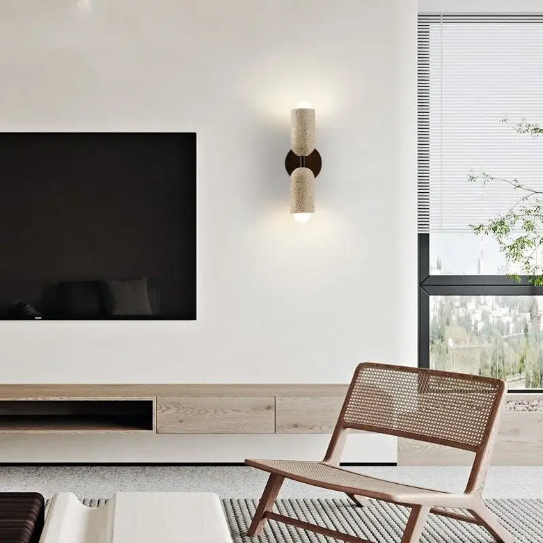 Modern Travertine and Wood Wall Light with Pull Chain – Nordic Style LED Fixture illuminating a modern living room.