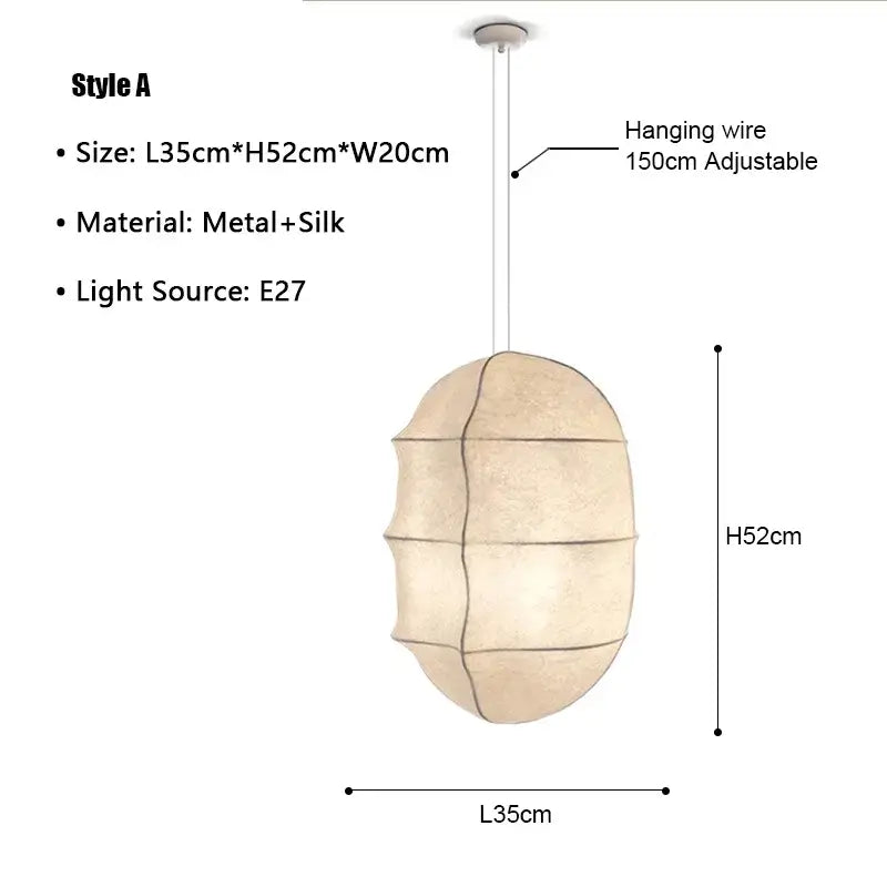 Japanese Wabi-Sabi Silk Pendant Light – Sculptural White Hanging Lamp with adjustable hanging wire and soft silk shade.
