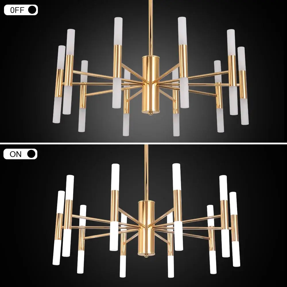 Modern Gold LED Chandelier – 20-Head G4 Luxury Ceiling Light for Living Room & Hotel Lobby, shown on and off.