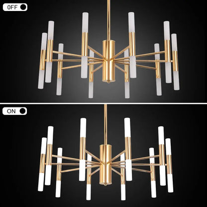 Modern Gold LED Chandelier – 20-Head G4 Luxury Ceiling Light for Living Room & Hotel Lobby, shown on and off.