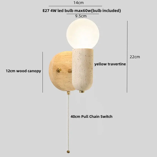 Modern Travertine and Wood Wall Light with Pull Chain – Nordic Style LED Fixture with dimensions and pull chain switch.