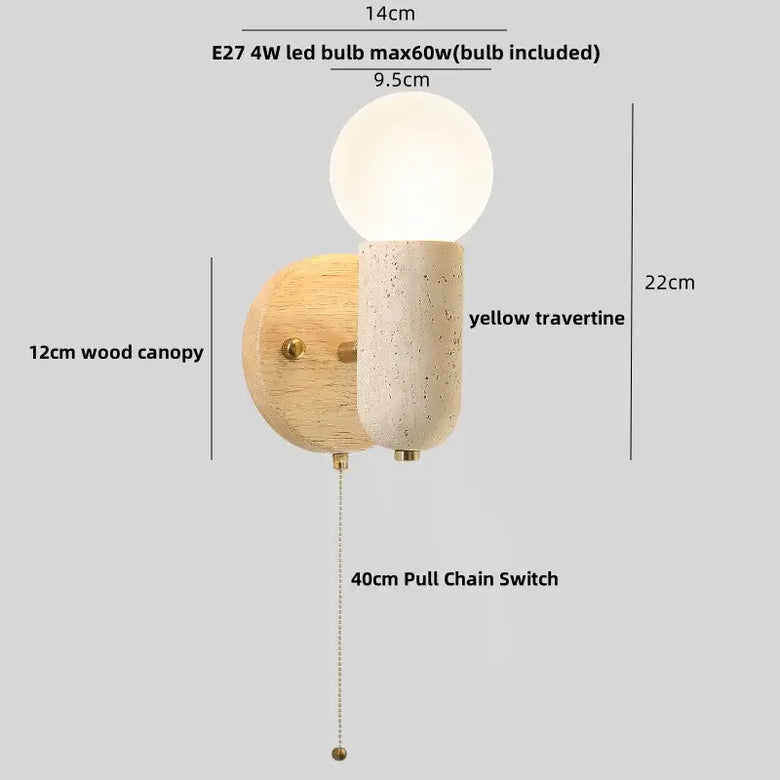 Modern Travertine and Wood Wall Light with Pull Chain – Nordic Style LED Fixture with dimensions and pull chain switch.