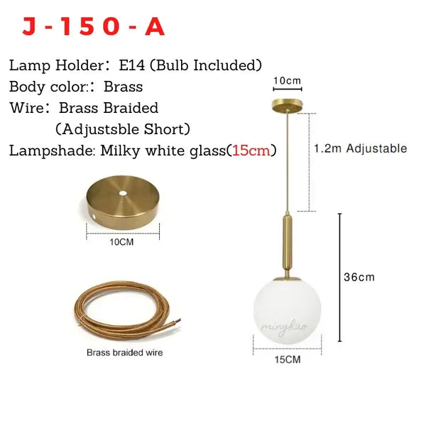 Mid-Century Modern Glass Ball Pendant Light specifications, featuring brass holder, milky white glass shade, and adjustable wire.