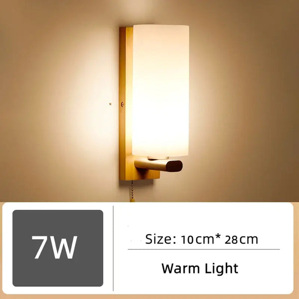 Wood and Frosted Glass Japanese Minimalist Sconces featuring warm light and measuring 10cm by 28cm.