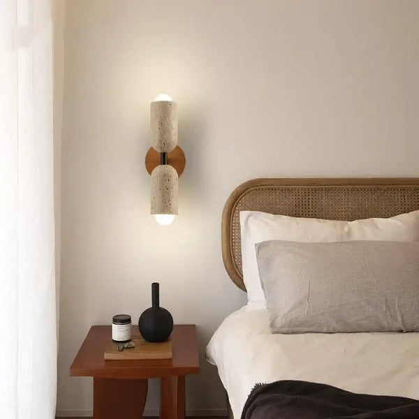 Modern Travertine and Wood Wall Light with Pull Chain – Nordic Style LED Fixture illuminating a cozy bedroom.