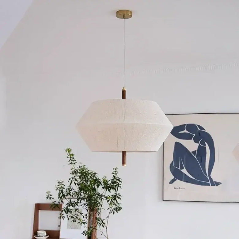 Japanese Retro Woven Fabric Chandelier hanging in a modern interior with artistic decor.