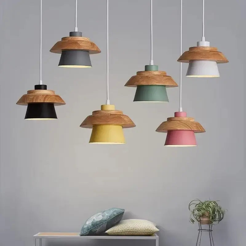 Scandinavian Macaron Wood Pendant Light – Colourful E27 Cord Pendant