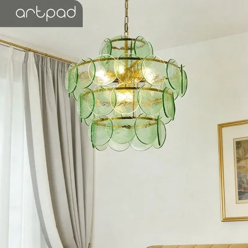 Tiered Glass Disc Chandelier in Nickel Finish